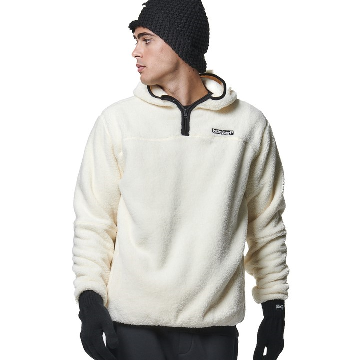 Body Action Half-Zip Sherpa-Fleece Hoodie Cotton Ecru