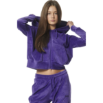 Body Action Velour Crop Zip Hoodie Deep Blue