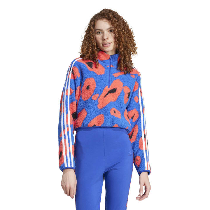 adidas Essentials 3-Stripes Animal Print High Pile Cropped 1/4 Zip Top