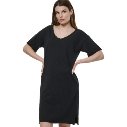 Body Action Slub V-Neck Dress Black Γυναικείο Φόρεμα Μαύρο
