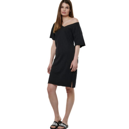 Body Action Slub V-Neck Dress Black Γυναικείο Φόρεμα Μαύρο
