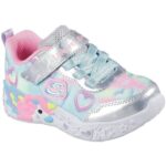 Skechers Unicorn Charmer - Lil Heart Sparkles Βρεφικά Sneakers με Φωτάκια Ασημί / Σιέλ / Ροζ