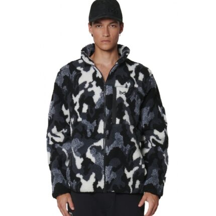 Body Action Printed Sherpa-Fleece Jacket Camo Black Grey Ανδρική Ζακέτα Προβατάκι Μαύρη / Γκρι