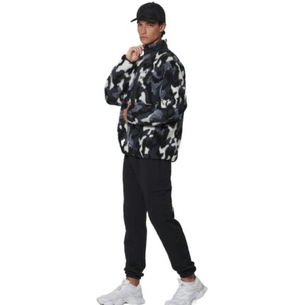 Body Action Printed Sherpa-Fleece Jacket Camo Black Grey Ανδρική Ζακέτα Προβατάκι Μαύρη / Γκρι