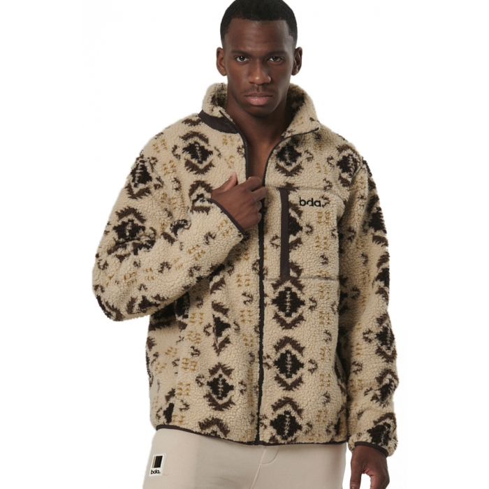 Body Action Printed Sherpa-Fleece Jacket Ecru Brown Winter Pass Ανδρική Ζακέτα Προβατάκι Μπεζ