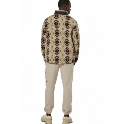 Body Action Printed Sherpa-Fleece Jacket Ecru Brown Winter Pass Ανδρική Ζακέτα Προβατάκι Μπεζ