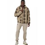 Body Action Printed Sherpa-Fleece Jacket Ecru Brown Winter Pass Ανδρική Ζακέτα Προβατάκι Μπεζ