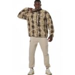 Body Action Printed Sherpa-Fleece Jacket Ecru Brown Winter Pass Ανδρική Ζακέτα Προβατάκι Μπεζ