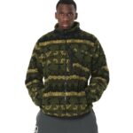 Body Action Printed Sherpa-Fleece Jacket Green Black Winter Pass Ανδρική Ζακέτα Προβατάκι Λαδί