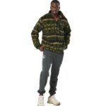 Body Action Printed Sherpa-Fleece Jacket Green Black Winter Pass Ανδρική Ζακέτα Προβατάκι Λαδί