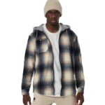 Body Action Plaid Hooded Flannel Shirt Ecrou Navy Ανδρική Ζακέτα Μπλε