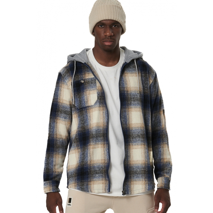 Body Action Plaid Hooded Flannel Shirt Ecrou Navy Ανδρική Ζακέτα Μπλε