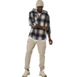 Body Action Plaid Hooded Flannel Shirt Ecrou Navy Ανδρική Ζακέτα Μπλε