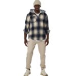 Body Action Plaid Hooded Flannel Shirt Ecrou Navy Ανδρική Ζακέτα Μπλε