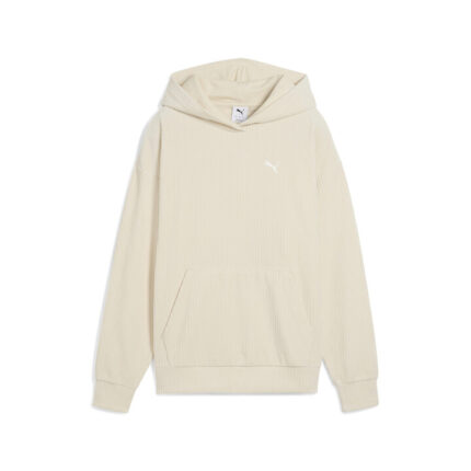 Puma Ess Elevated Comfort Velour Rib Hoodie Γυναικεία Φούτερ Μπλούζα Βελούδο Εκρού