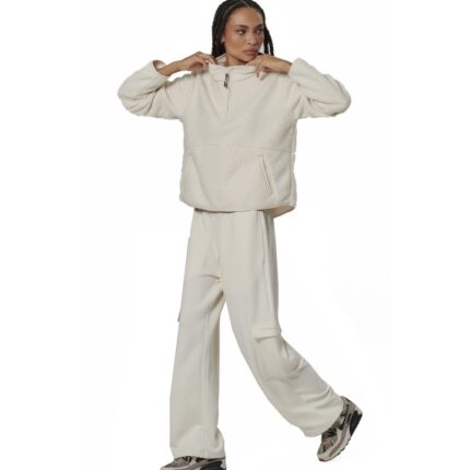 Body Action Oversize Boucle Fleece Half Zip Pristine Ecru Γυναικεία Μπλούζα Εκρού
