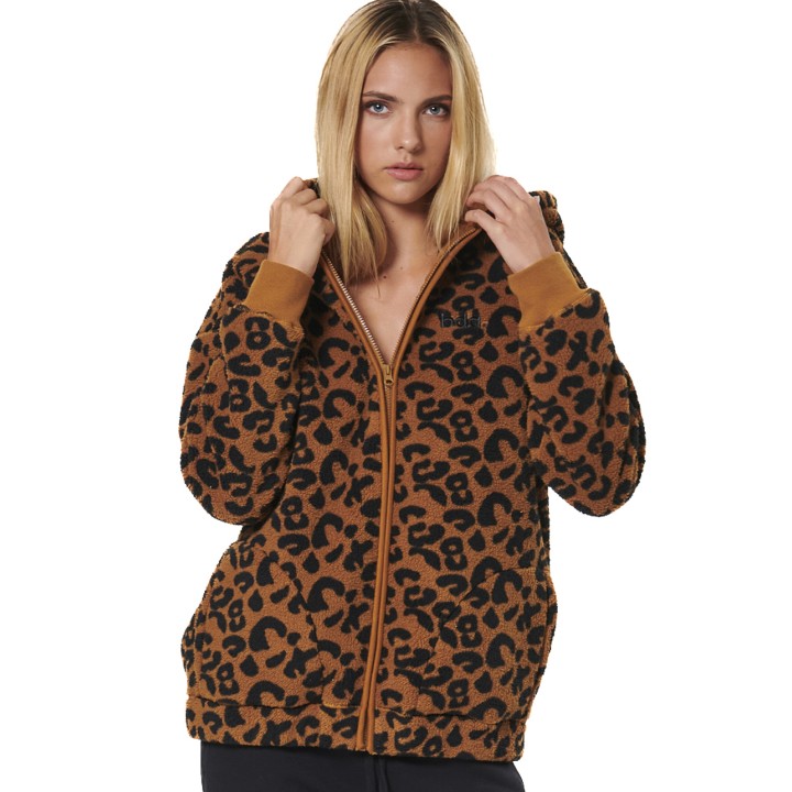 Body Action Printed Zip-Up Sherpa Fleece Hoodie Animal Mocha Γυναικεία Ζακέτα Προβατάκι Λεοπάρ