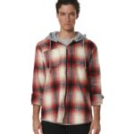 Body Action Plaid Hooded Flannel Shirt Ecrou Red Ανδρική Ζακέτα Κόκκινη