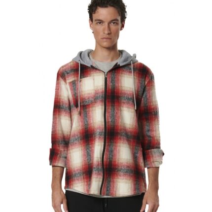 Body Action Plaid Hooded Flannel Shirt Ecrou Red Ανδρική Ζακέτα Κόκκινη