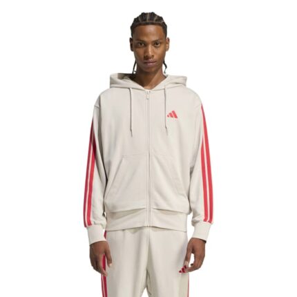 adidas Essentials 3-Stripes French Terry Full-Zip Hoodie Ανδρική Ζακέτα Μπεζ / Κόκκινη